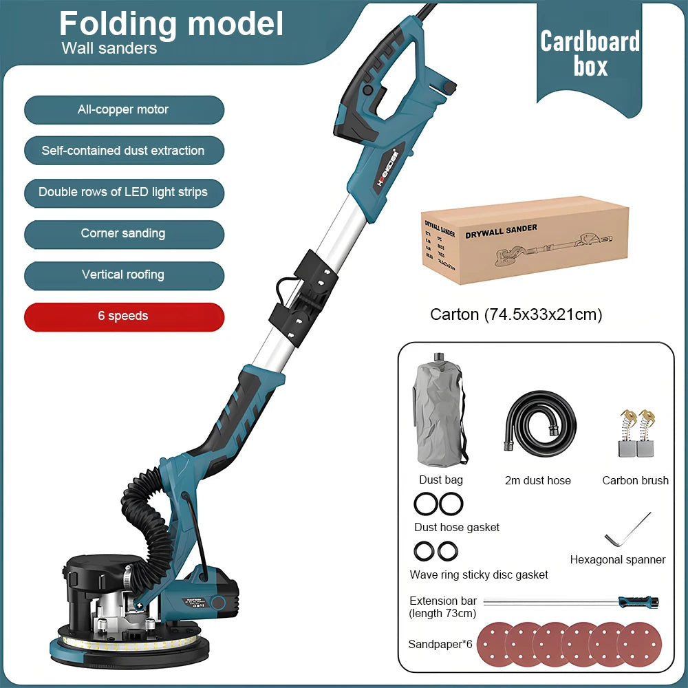 TUNGFULL 9 Inch Electric Wall Sander with Folding Design Self-Dust Collection Double Lamp Long Pole Wall Grinder for Putty Work