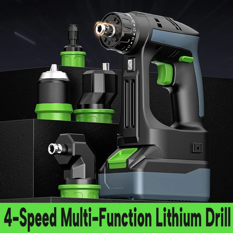 HAOLTON Cordless Brushless Drill 4-in-1 Kit, Quick Release/Offset/Right Angle Chuck, Variable Speed LED, for Makita 18V Battery