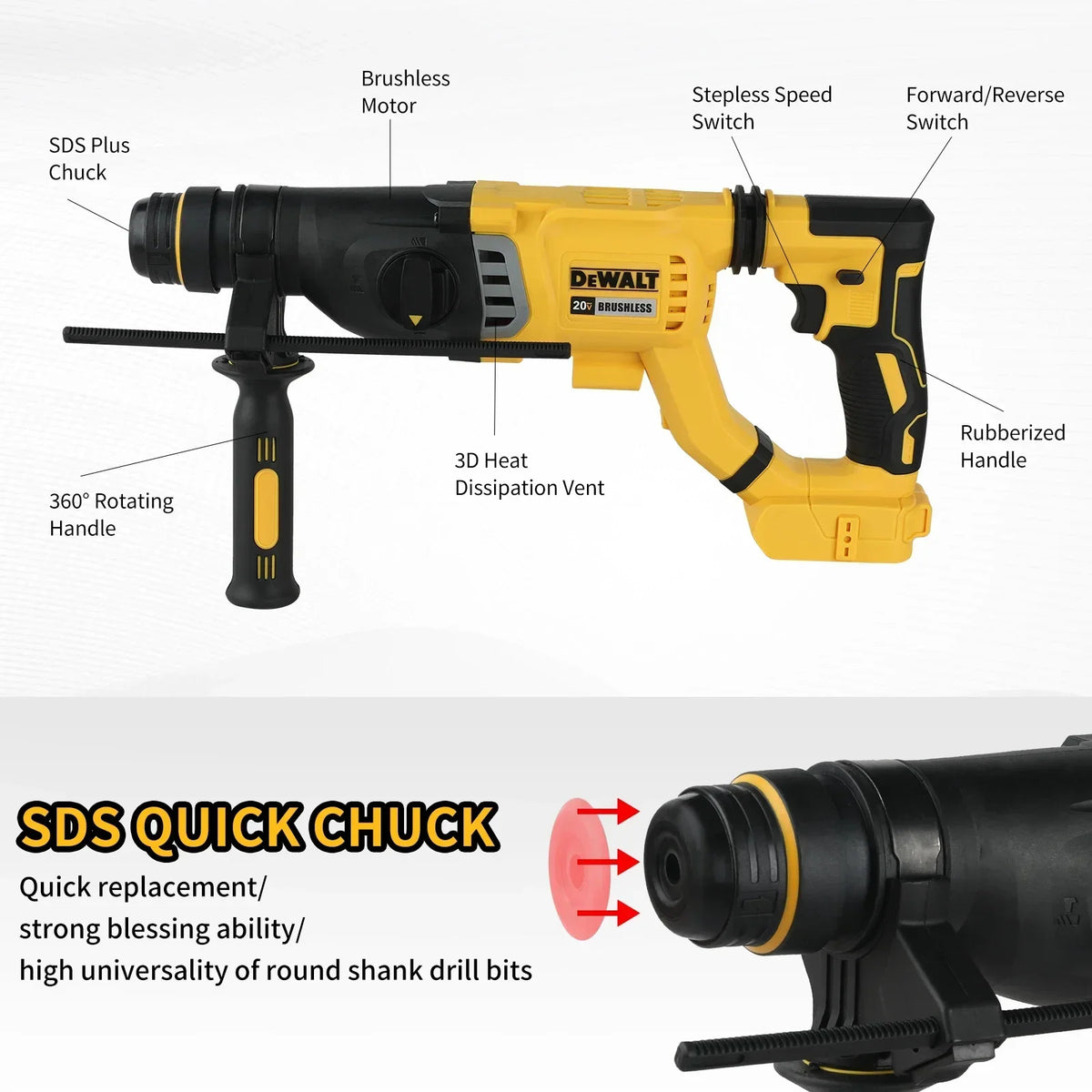 DEWALT DCH263B 20V MAX Brushless SDS Plus Rotary Hammer 28mm 3.0J SHOCKS 3-Mode D-Handle Bare Tool