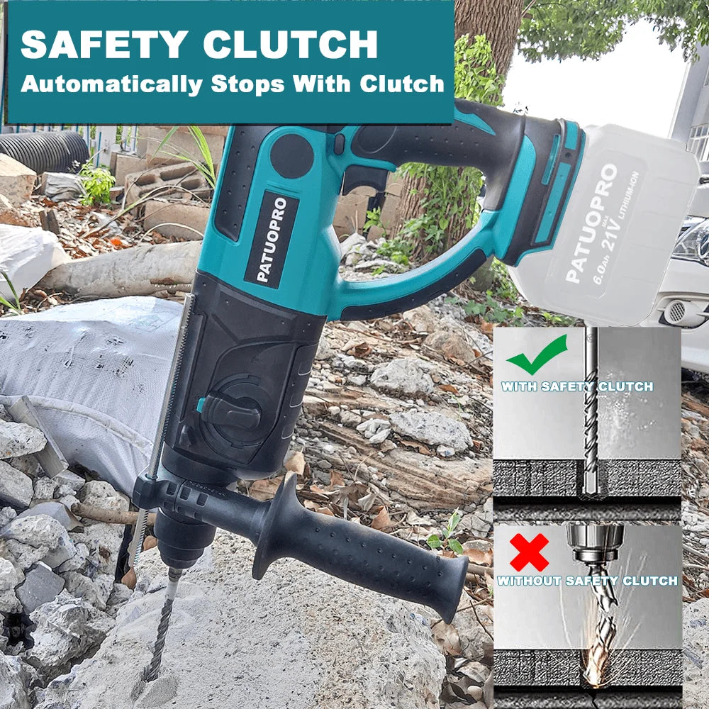PATUOPRO 28mm Brushless Rotary Hammer Drill 3-Mode Hammer Drill chiselling Power Tool for Makita 18V Battery(No Battery)