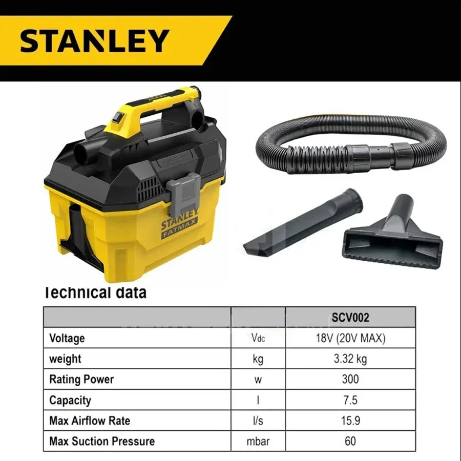 Stanley Rechargeable Cordless Vacuum Cleaner Wet & Dry 20V 7.5L Home Cleaning Construction Site Power Tools NO.SCV002