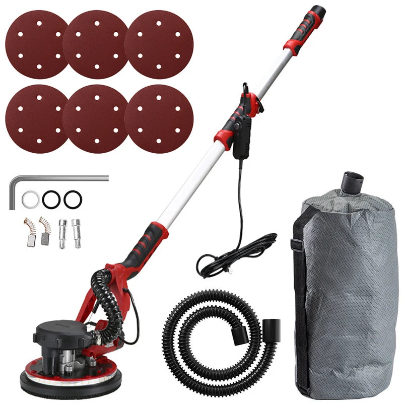 1250W Electric Drywall Sander 225MM Wall Grinding Machine Putty Sandpaper Machine LED Light Long Rod Grinding Wall Polishing