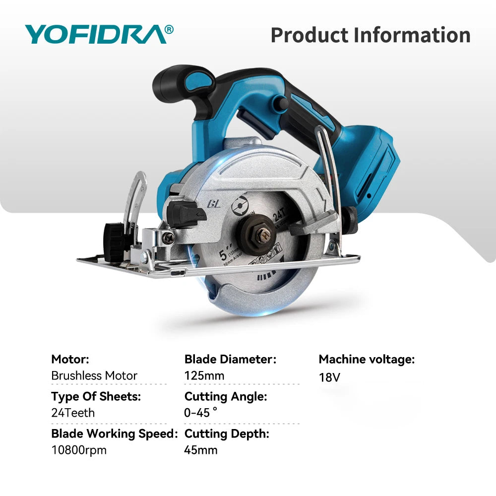 YOFIDRA 125MM 5Inch Brushless Electric Circular Saws Handheld Woodworking Electric Cutting Power Tool For Makita 18V Battery Pin
