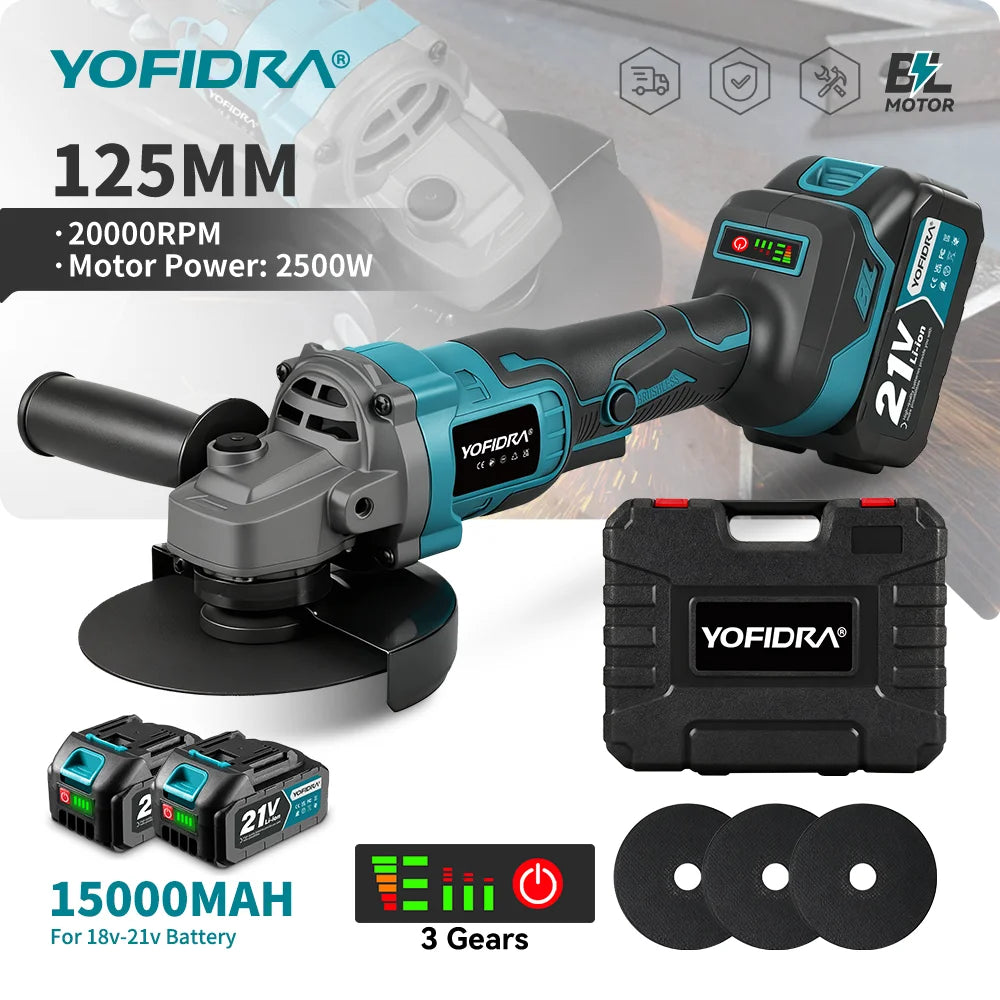 YOFIDRA 125mm Brushless Angle Grinder 3 Gears Cordless Grinding Machine Cutting Woodworking Power Tool For Makita Battery Pin