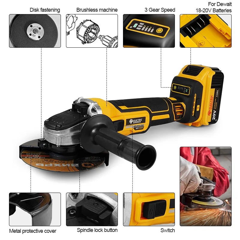 125mm Brushless Angle Grinder Li-ion Battery 4 Gear Cordless Cutting Polishing Grinding Power Tool For Dewalt 20V Battery Pin