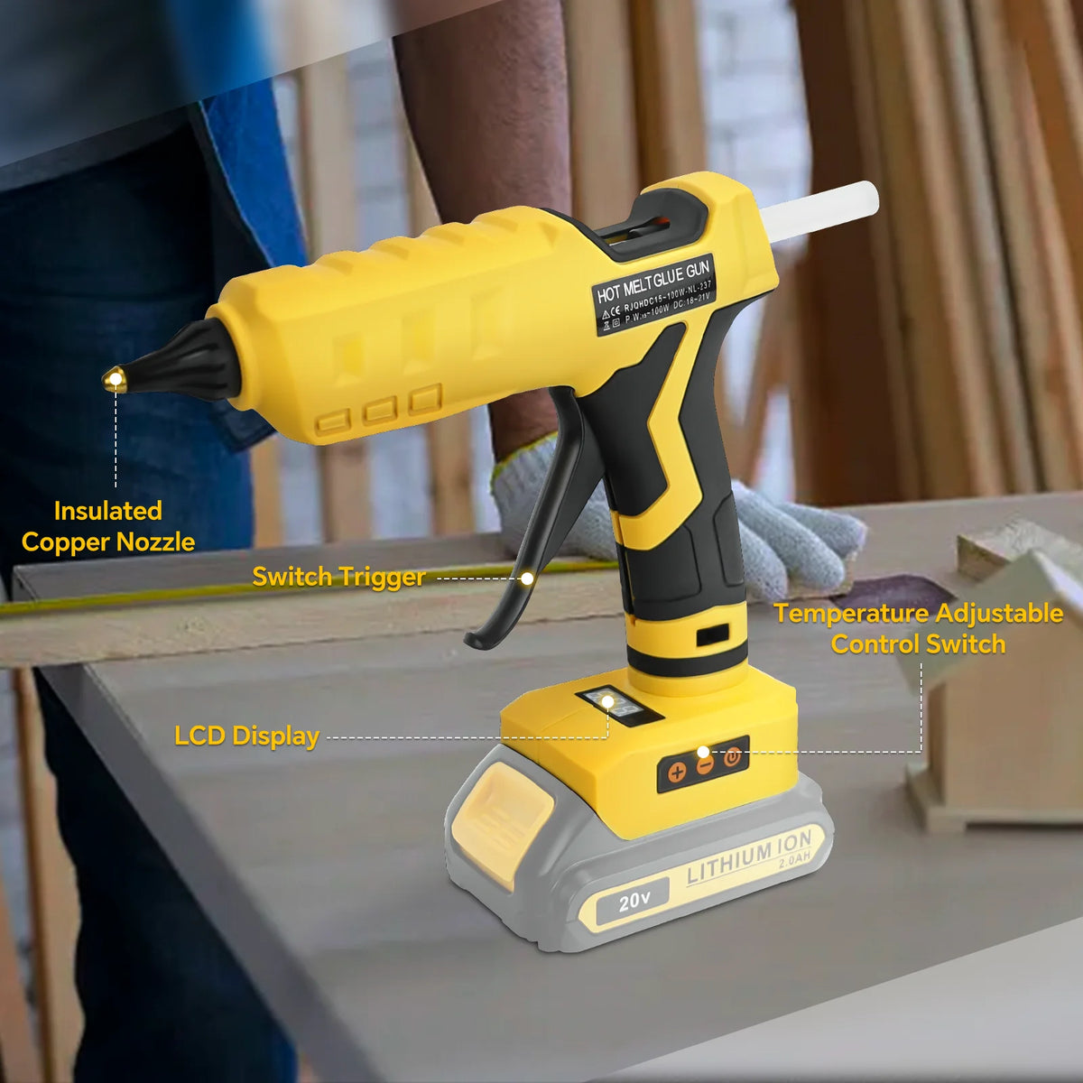 100W Cordless Hot Glue Gun 100°C-200°C Temp Adjust LCD Digital Display with 10Pcs 11mm Glue Sticks for Dewalt 20V Battery