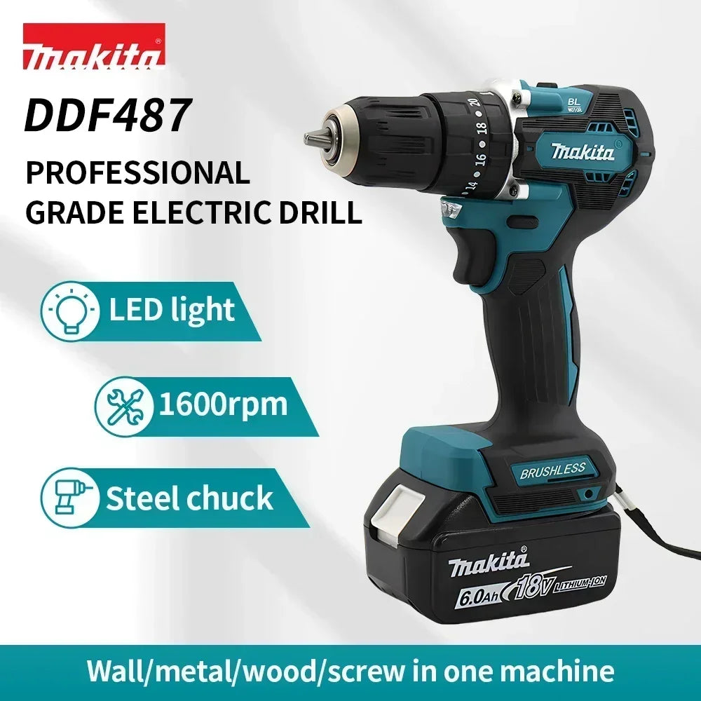 Makita Original. DDF487 Cordless Driver Drill Brushless Electric Impact Screwdriver Rechargeable Power Tool 18V