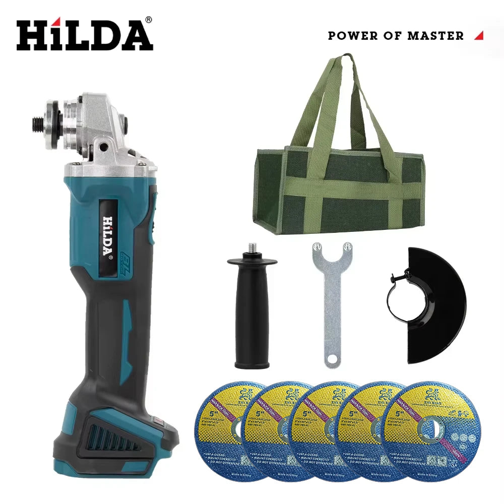 HILDA 21V Brushless Angle Grinder Cordless Handheld Electric Power Tool for Makita Battery For Metal Wood Cutting