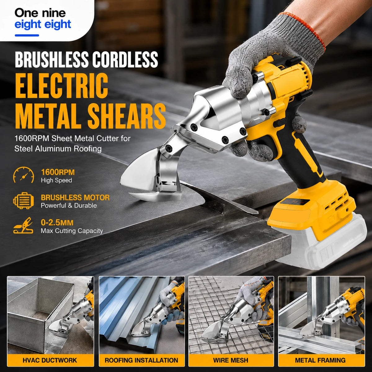 Cordless Brushless Metal Shears 1600RPM 2.5mm Cutting Thickness for Steel Aluminum Roofing Compatible with
