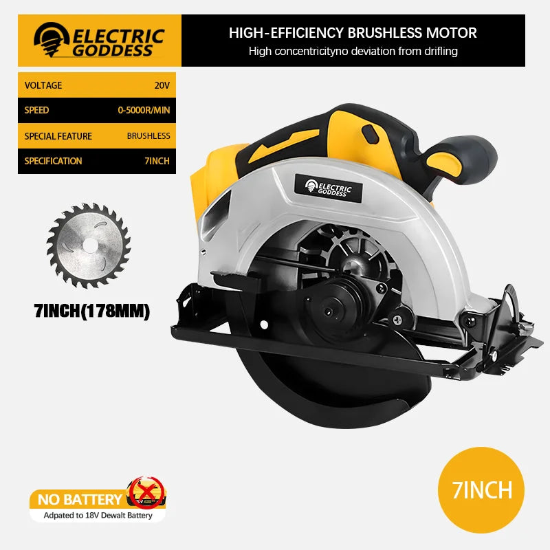 5000rpm 7inch Cordless Yellow Circular Saw Brushless Motor Multi-angle Cutting Woodworking Power Tool for Dewalt 20v Battery Pin