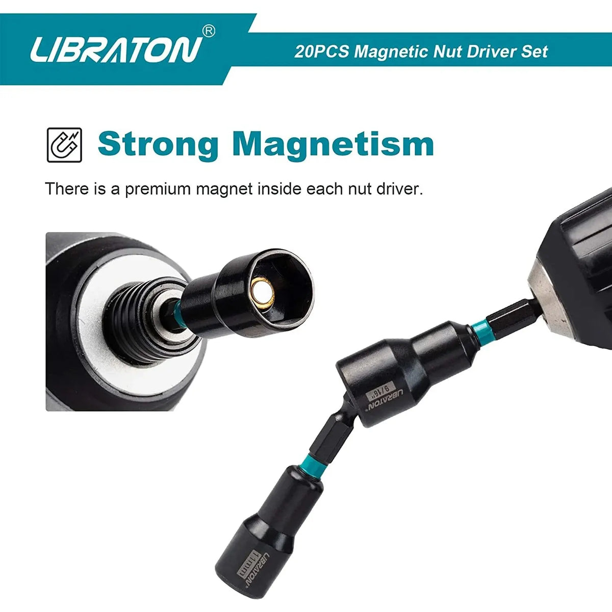 LIBRATON 20PCS Magnetic Nut Driver Set, Impact Drill Driver Bit Set 1/4" Metric and SAE Nut Driver with Storage Bag Nut Drivers