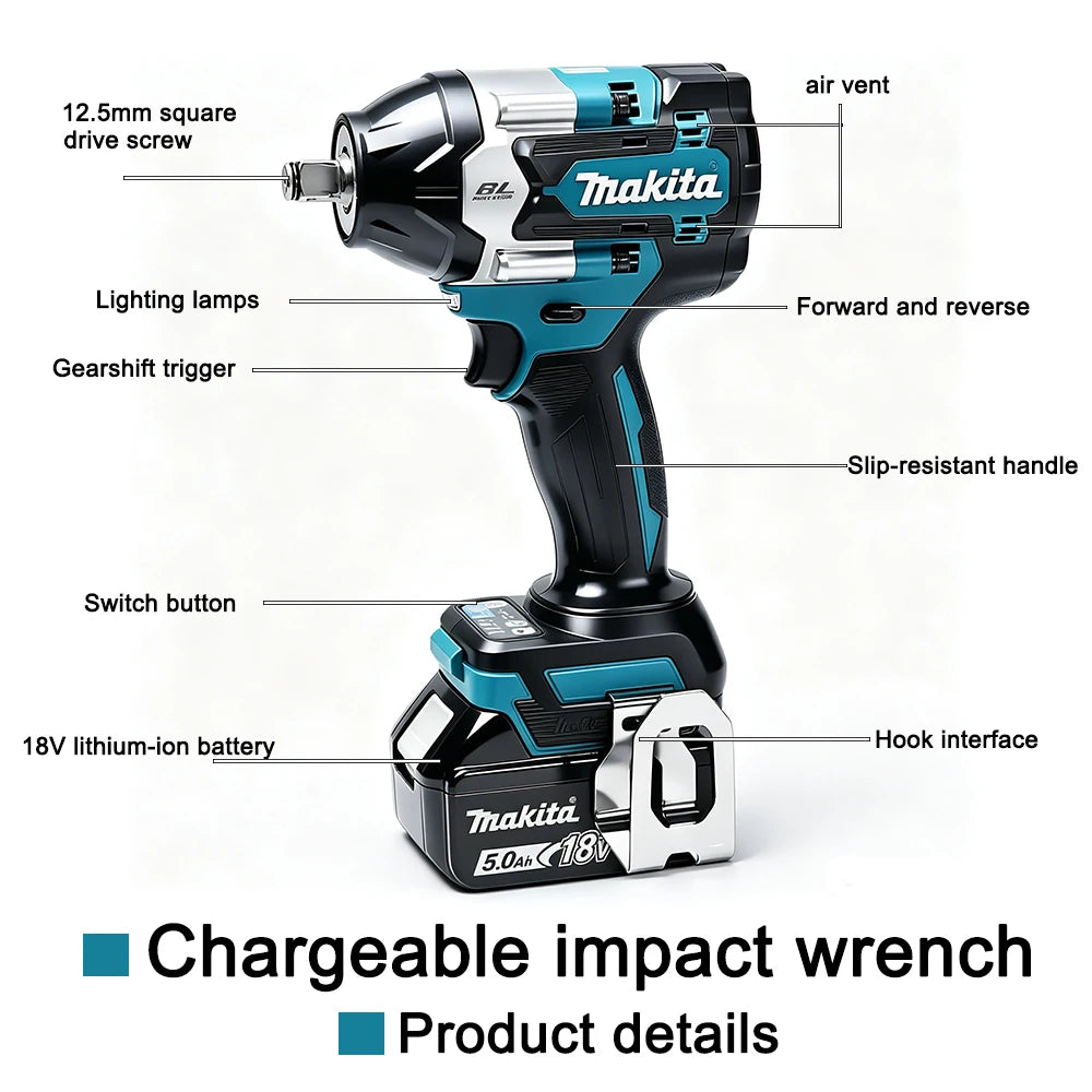 Makita DTW700 Cordless Impact Wrench 18V Brushless Motor 1000Nm Variable Speed Electric Wrench High Effieiency Durable Auto Stop