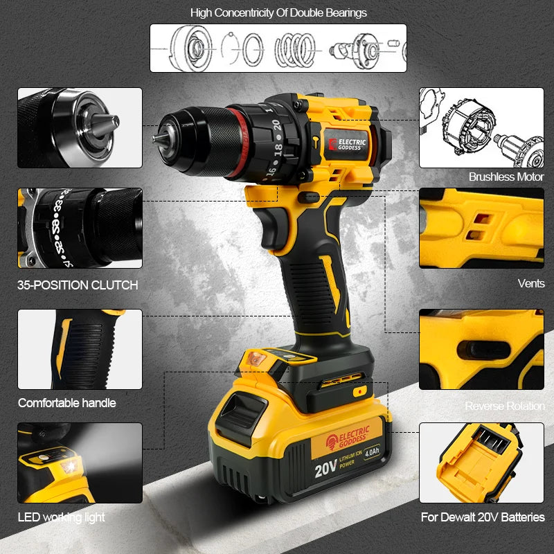 Brushless Compact Electric Screwdriver Lithium-ion Hand Drill Impact Drill Power Tool for Dewalt 20v Battery Pin