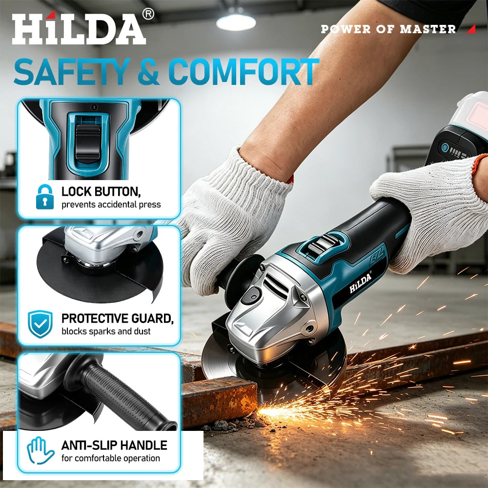 HILDA 21V Brushless Angle Grinder Cordless Handheld Electric Power Tool for Makita Battery For Metal Wood Cutting
