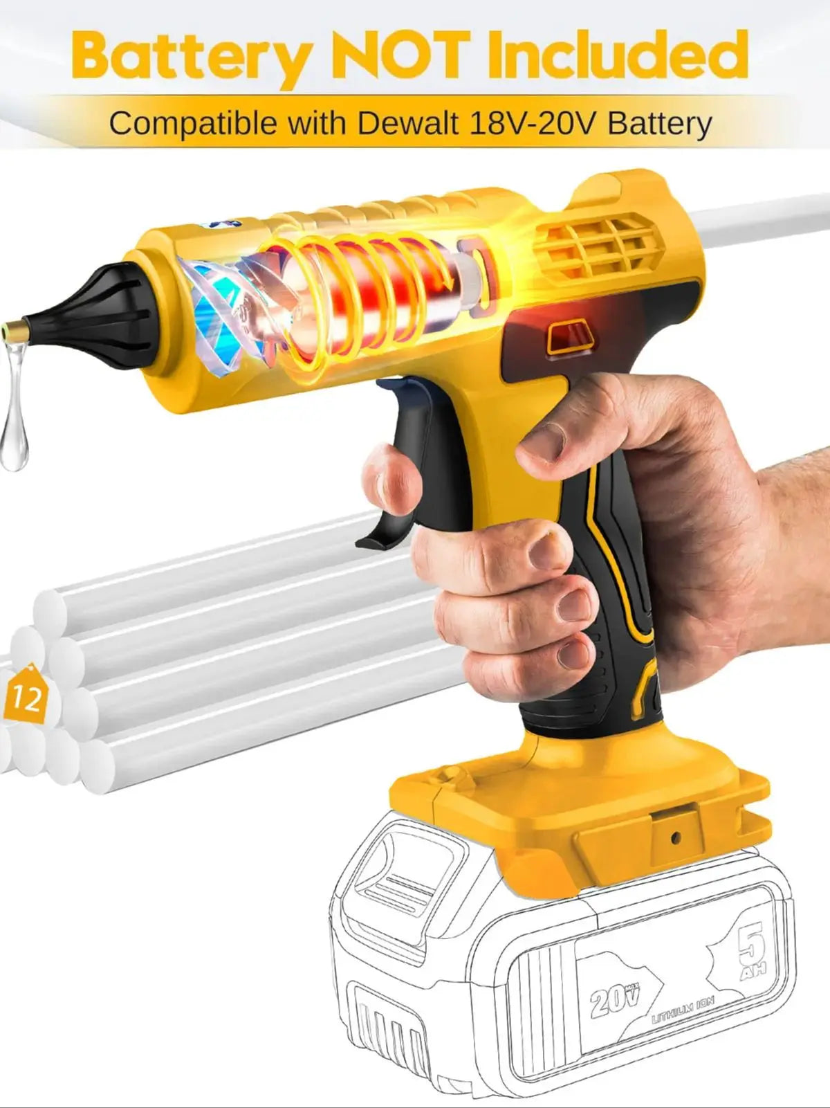 100W Cordless Hot Glue Gun for DeWalt 20V Battery (No Battery)&12 X 11mm Silicone Sticks Fast Heating Full Size Wireless Gun