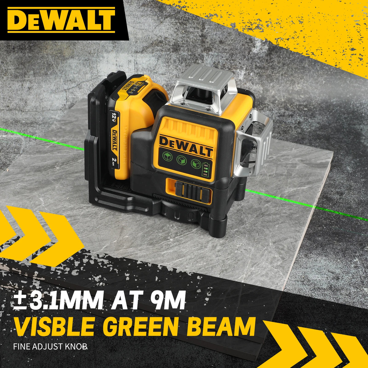 DEWALT DW089LG 12 Lines Green Laser Level 12V Cordless 3x360° with Magnetic Mount for Outdoor Leveling Tasks