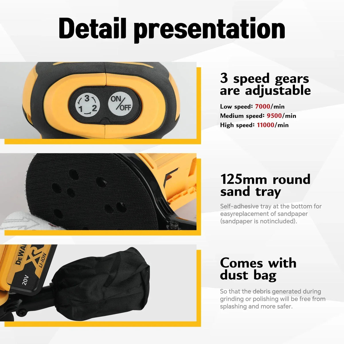 DEWATE sander Lithium Ion 20V/18V Cordless Rechargeable Disc Random Orbital Sander Woodworking Sanding Putty Polishing Bare Tool