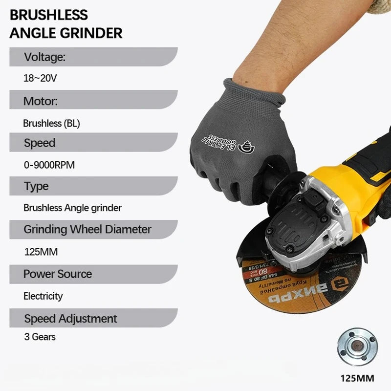 VIVSSO Angle Grinder 9000RPM Brushless Three Gear Speed Electric Angle Grinder Multi-function Grind For Dewalt 20v Battery Pins