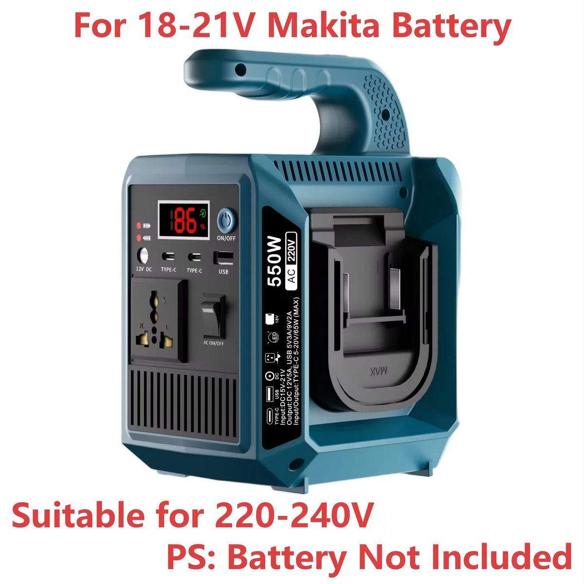550W Portable Power Supply Inverter Compatible with Makita 18V Battery DC 18V to AC 110V/220V Converter with Type-C for Camping