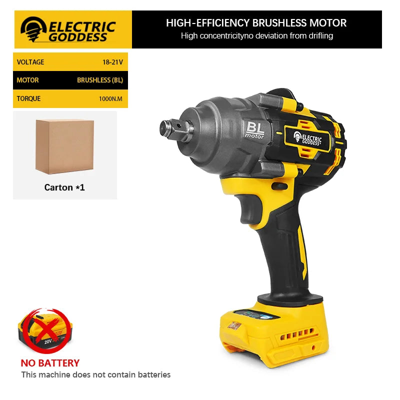 1000N·M High-torque Brushless Electric Wrench 1/2 Inch Impact Wrench Large Machine Service Tool For Dewalt 20V Battery Pin