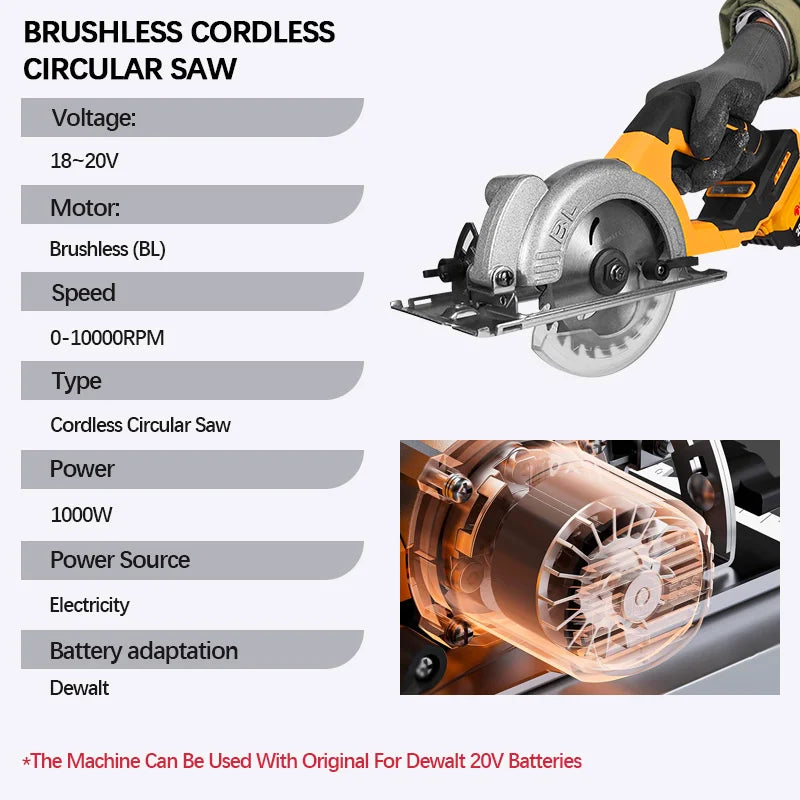 Electric Goddess 5in Brushless Electric Circular Saw ﻿1000W Handheld Woodwork Saw Power Tool ﻿﻿For Dewalt 20V Battery Pin