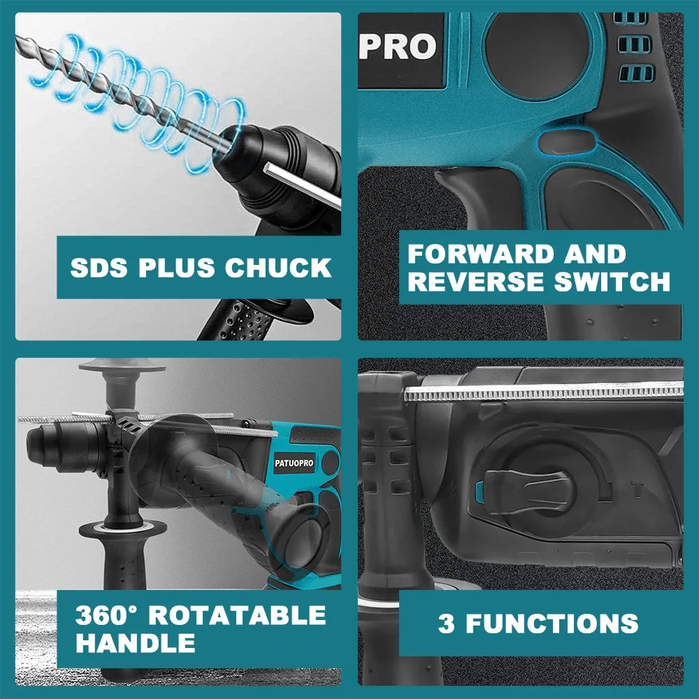 PATUOPRO 28mm Brushless Rotary Hammer Drill 3-Mode Hammer Drill chiselling Power Tool for Makita 18V Battery(No Battery)