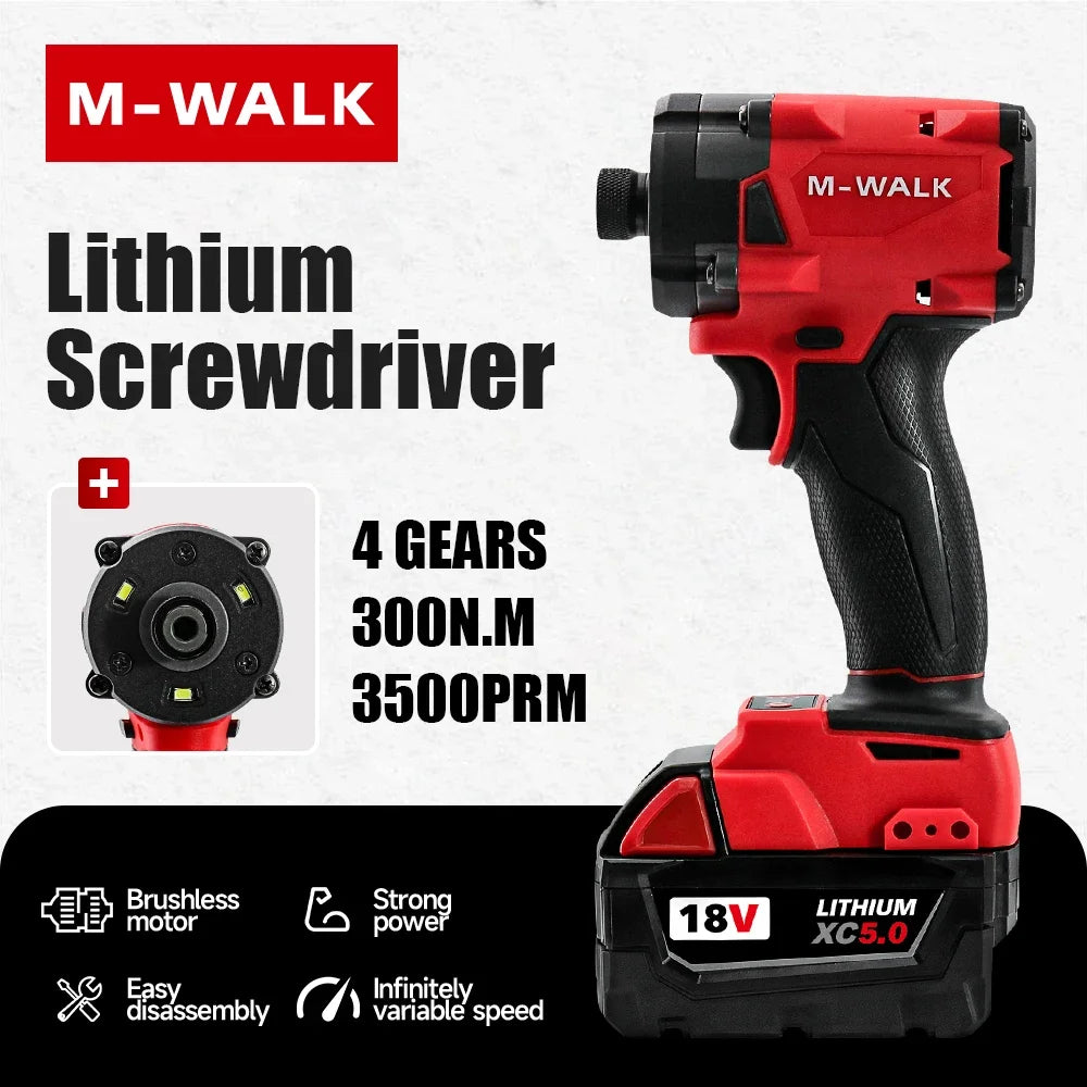 M-WALK Brushless Screwdriver For Milwaukee 18V Battery Pin 300N.M Adjustable Speed Forward Reverse Rotation Electric Screwdriver