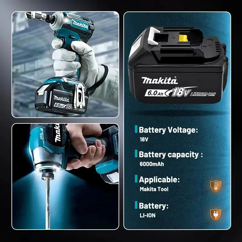 100% Original Makita 18V 6.0Ah Li-Ion Battery, Rechargeable Replacement Battery for BL1830B BL1840B BL1850B BL1860B Power Tools