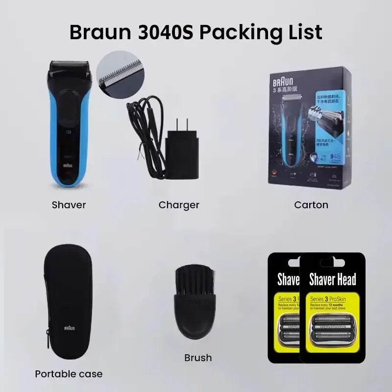 Braun Electric Shaver 3040s S3 Series Reciprocating Shaving Machine with Sideburn Trimmer Rechargeable Dry Wet Use Men's Razor