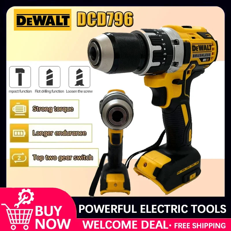 Dewalt DCD796 2000RPM Cordless Electric Drill Brushless Driver Adjustable Speed Impact Hand Drill Rechargeable Power Tools