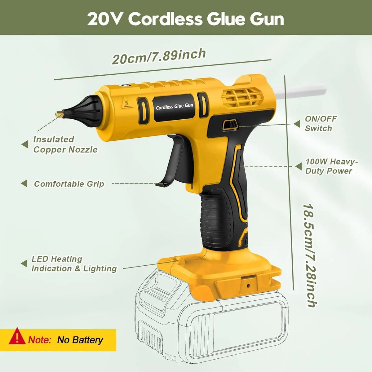100W Cordless Hot Glue Gun for DeWalt 20V Battery (No Battery)&12 X 11mm Silicone Sticks Fast Heating Full Size Wireless Gun