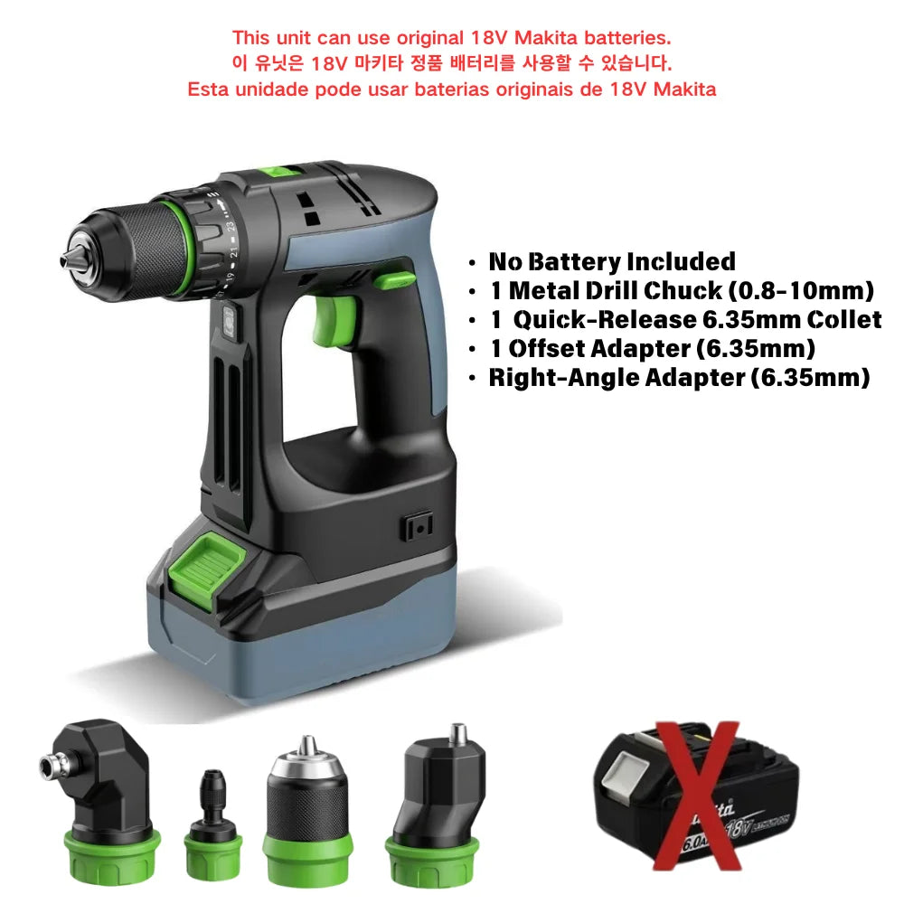 HAOLTON Cordless Brushless Drill 4-in-1 Kit, Quick Release/Offset/Right Angle Chuck, Variable Speed LED, for Makita 18V Battery