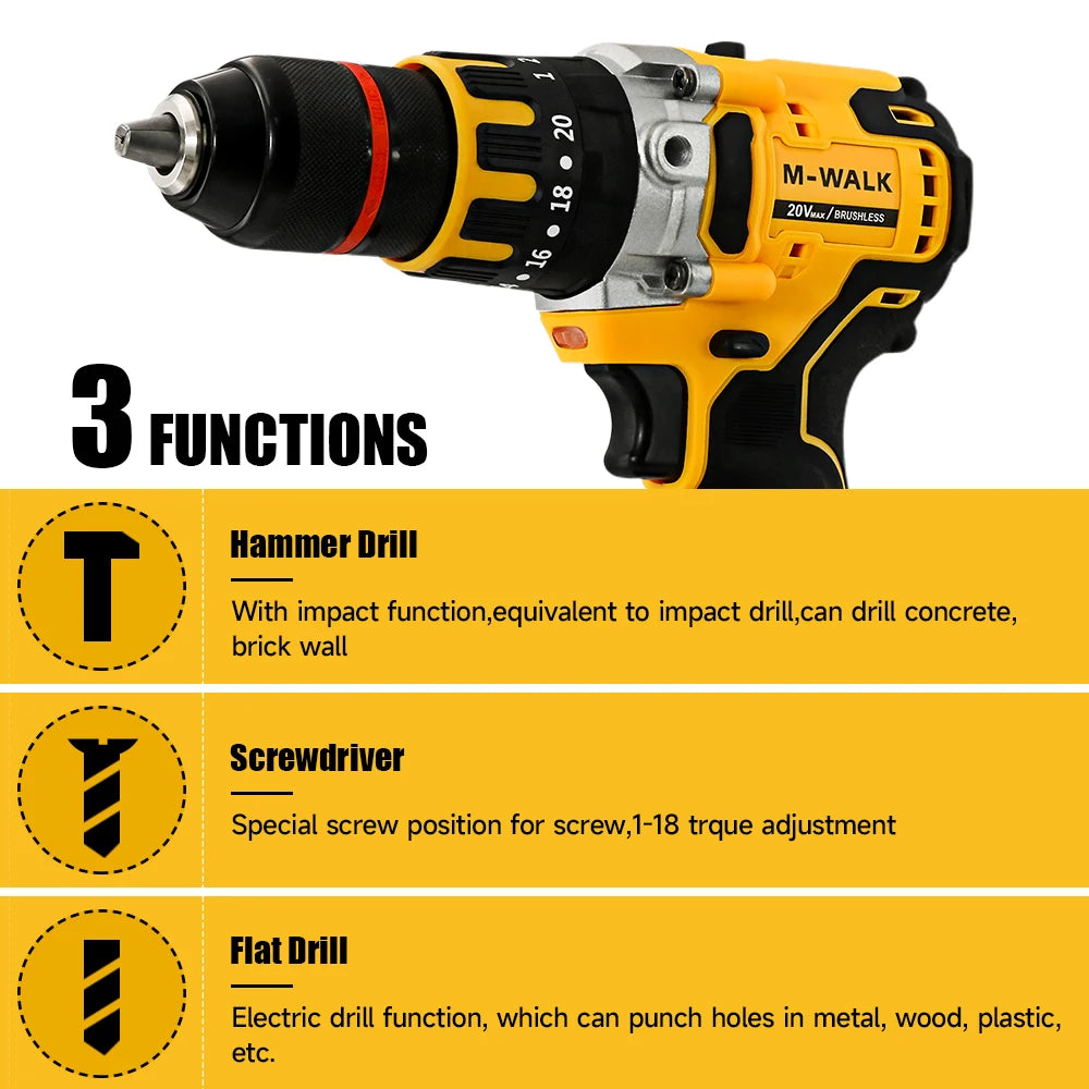 M-WALK DCD791 Brushless Electric Drill 13mm Cordless Screwdriver Rechargeable Impact Driver Tools For Dewalt 18/20V Battery Pins