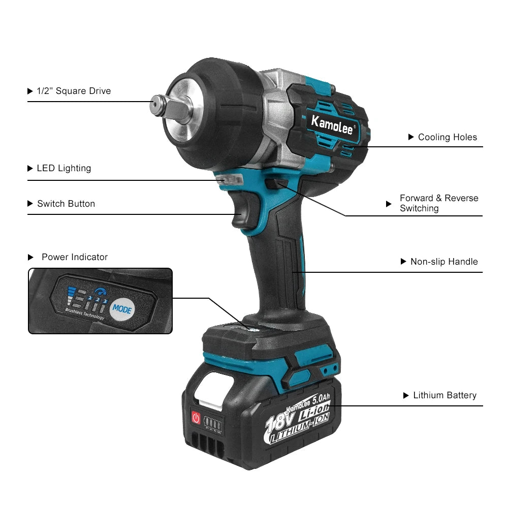 Kamolee 3100NM Wireless Charging High Torque Wrench 1/2 Inch Repair Electric Impact Wrench is compatible with Makita 18V battery