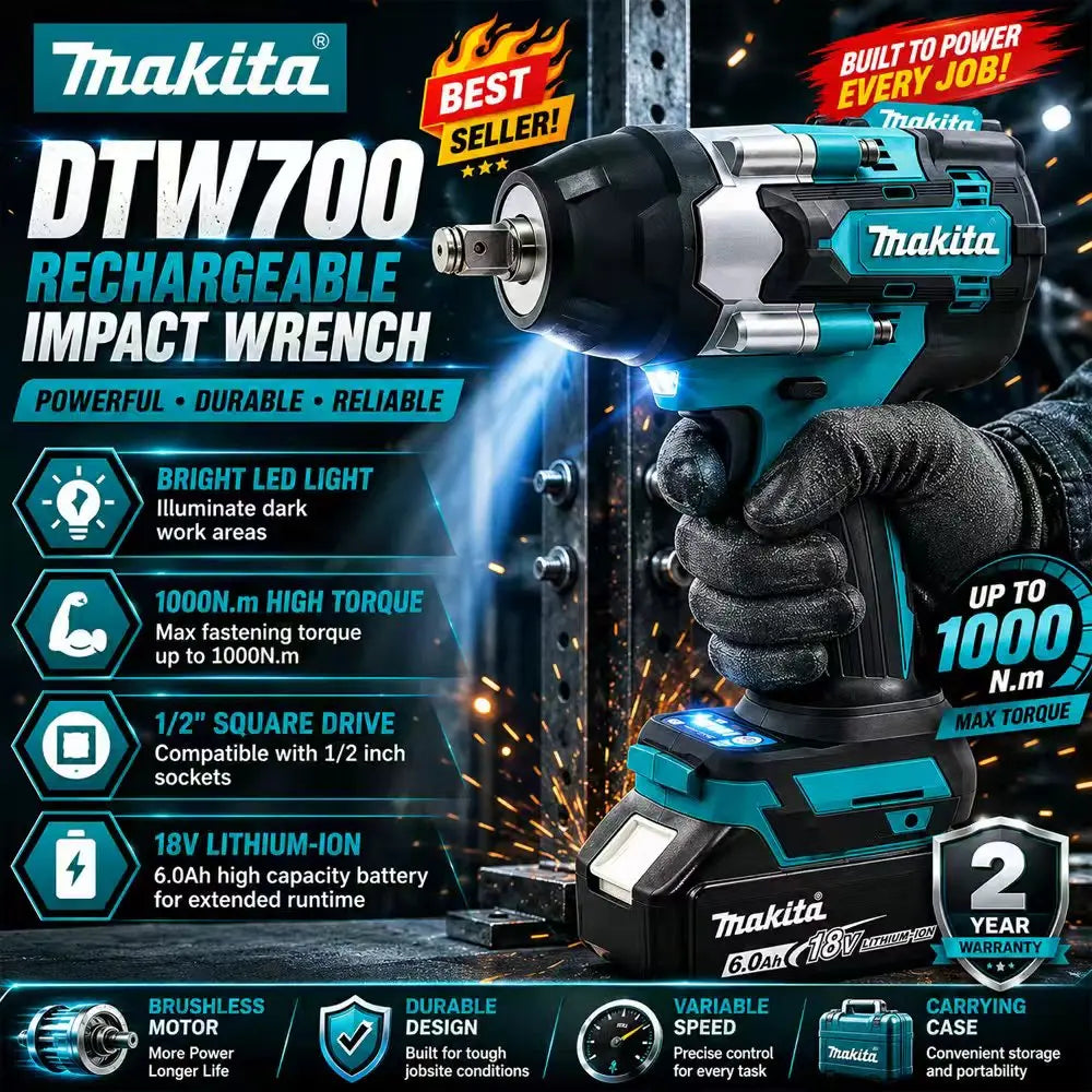 NEW 100% Makita DTW700 Brushless Electric Screwdriver, 18V Battery 6.0AH, Rechargeable Drill Driver, Woodworking Milling Center