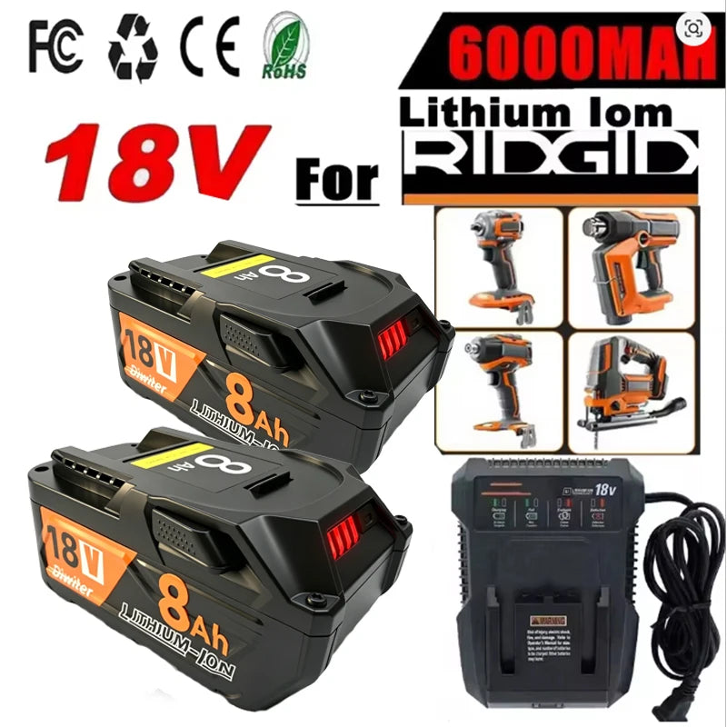 8AH Li-ion 18V For RIDGID R840087 Battery R840083 R840085 R840086 Capacity 6.0/4.0ah Rechargeable Power Tool Series AEG Series