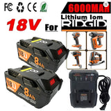 8AH Li-ion 18V For RIDGID R840087 Battery R840083 R840085 R840086 Capacity 6.0/4.0ah Rechargeable Power Tool Series AEG Series