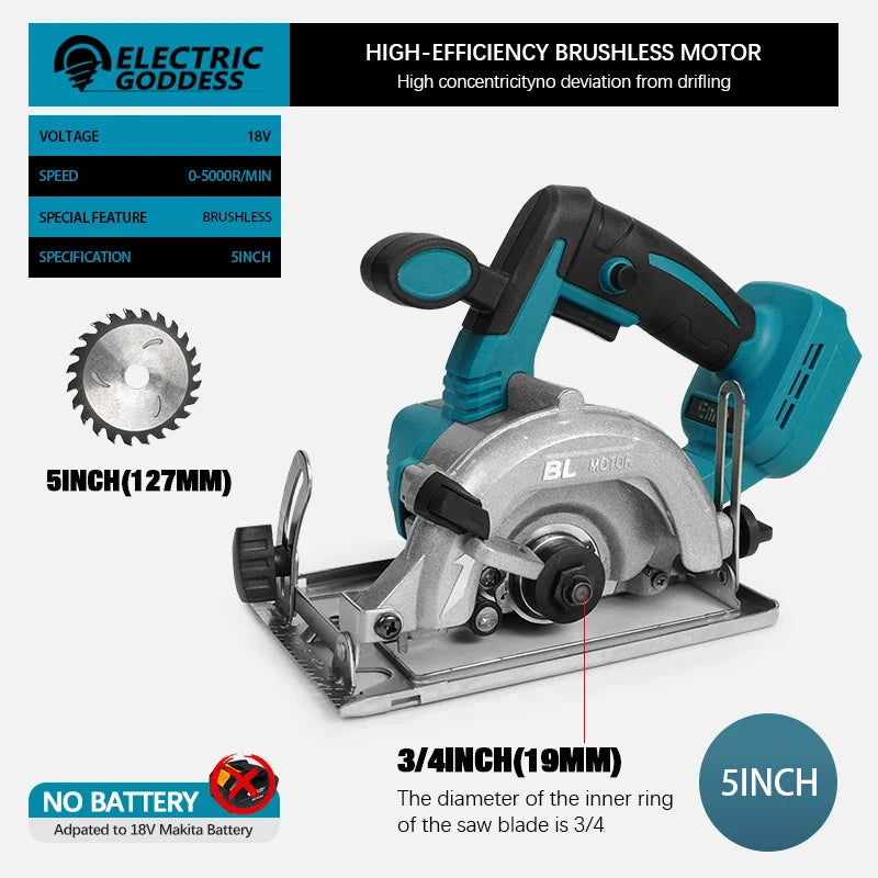5/7-inch Cordless Circular Saw 5000rpm Brushless Woodworking Saw 45degree Cut Adjustment Circular Saw For Makita 18V Battery Pin