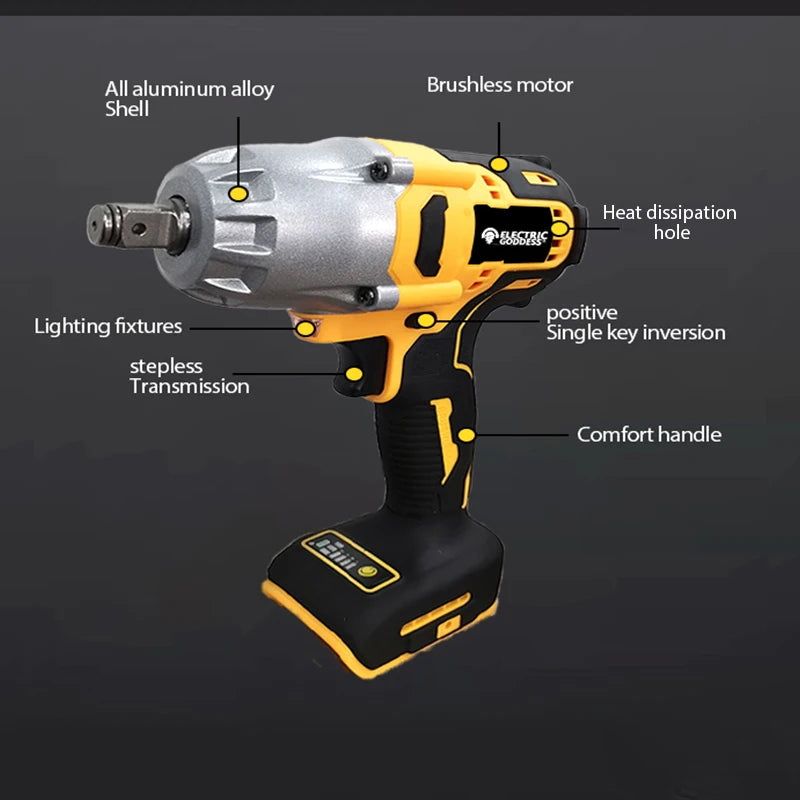 Electric Goddess 1/2in High Torque Electric Wrench 700N Brushless Cordless Impact Wrench Power Tool For Dewalt 20V Battery Pin