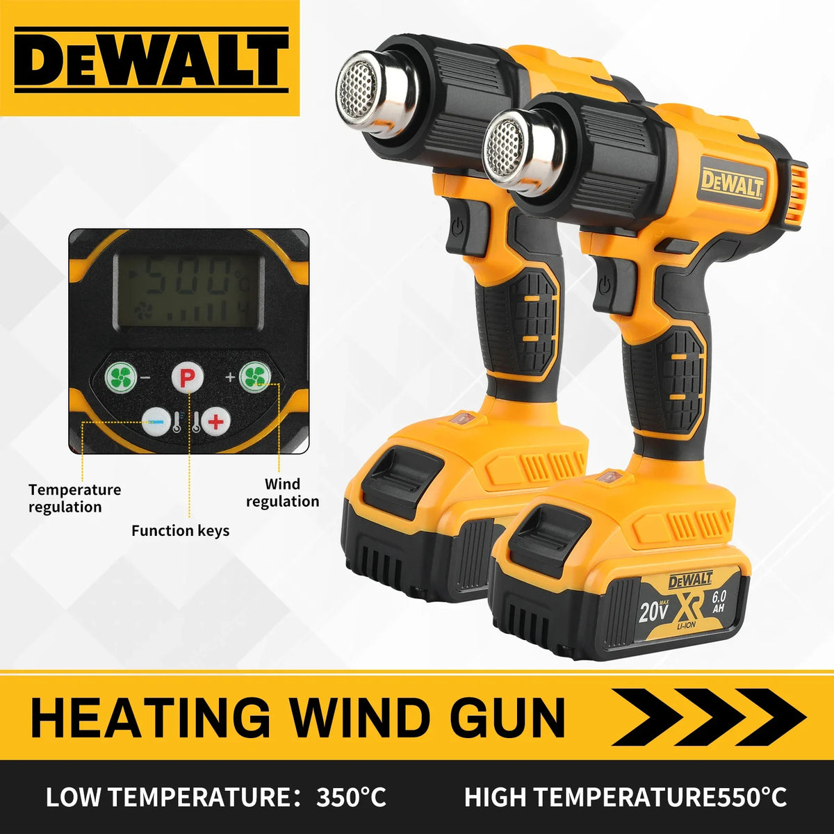 DEWALT 18V 21V Heat Gun Shrink Wrapping Tool Electric Air Dryer Soldering Thermal Blower with Anti-Scald Grip & Digital Display