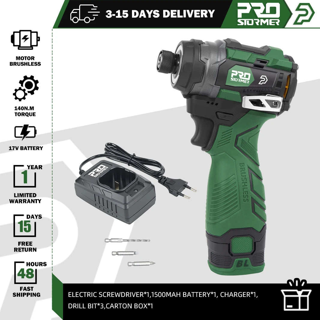 17V Brushless Electric Screwdriver 140Nm Wireless Power Driver 3-Speed Lithium-Ion Battery LED Light Woodworking By PROSTORMER