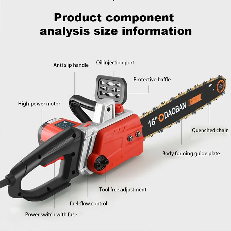 12/16 Inch High Power Corded Chainsaw 220V Handheld AC Household Brushless Electric Chain Saw for Wood Felling Cutting