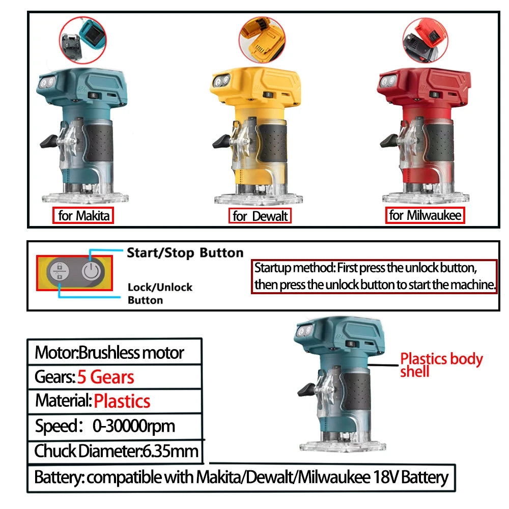 Brushless Electric Trimmer Woodworking Trimming Wood Router Milling Engraving Slotting Machine For Makita/Dewalt/Milwaukee 18V