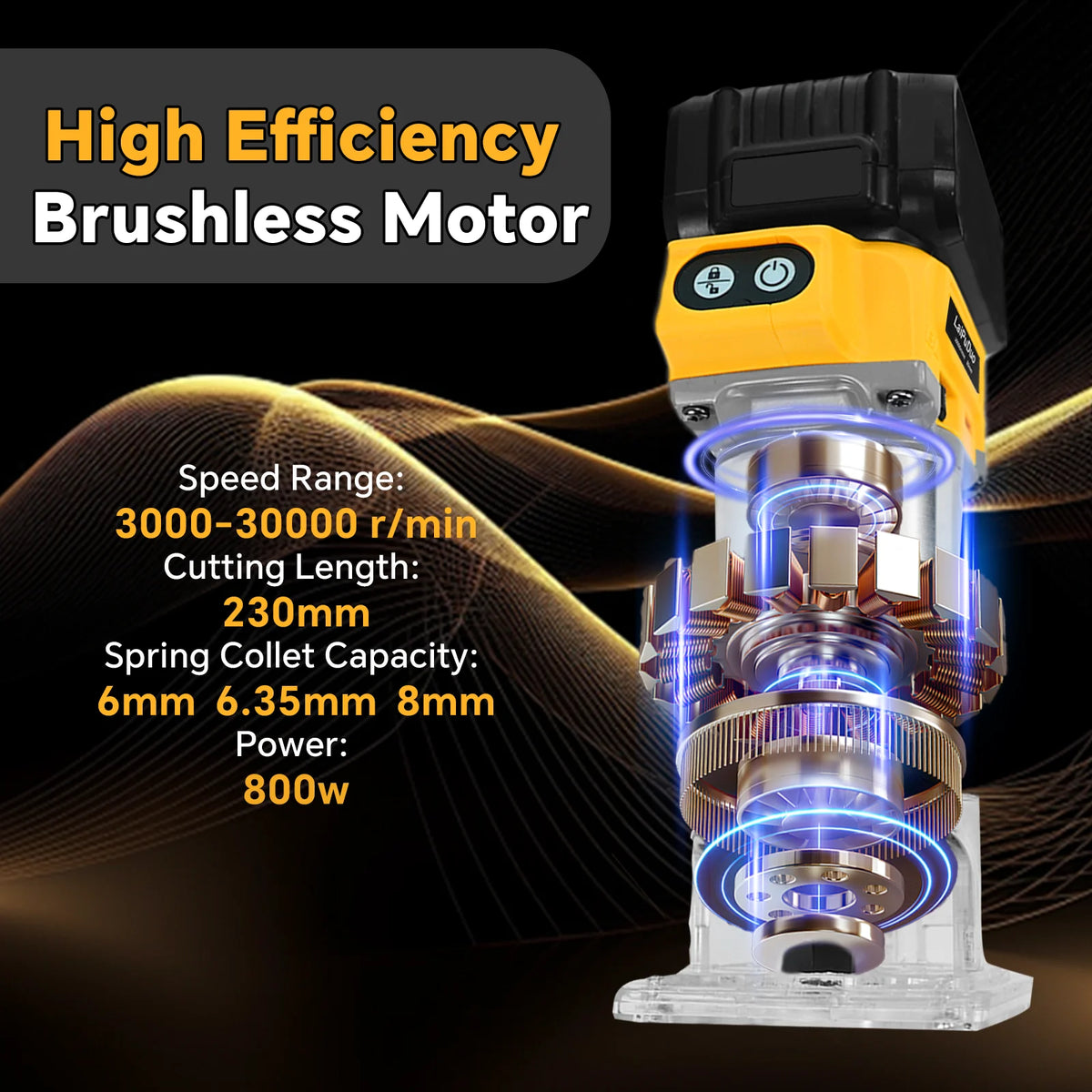 Cordless Wood Router 800W 30000RPM Brushless Electric Trimmer Woodworking Trimming Machine for Dewalt 20V Battery (No Battery)