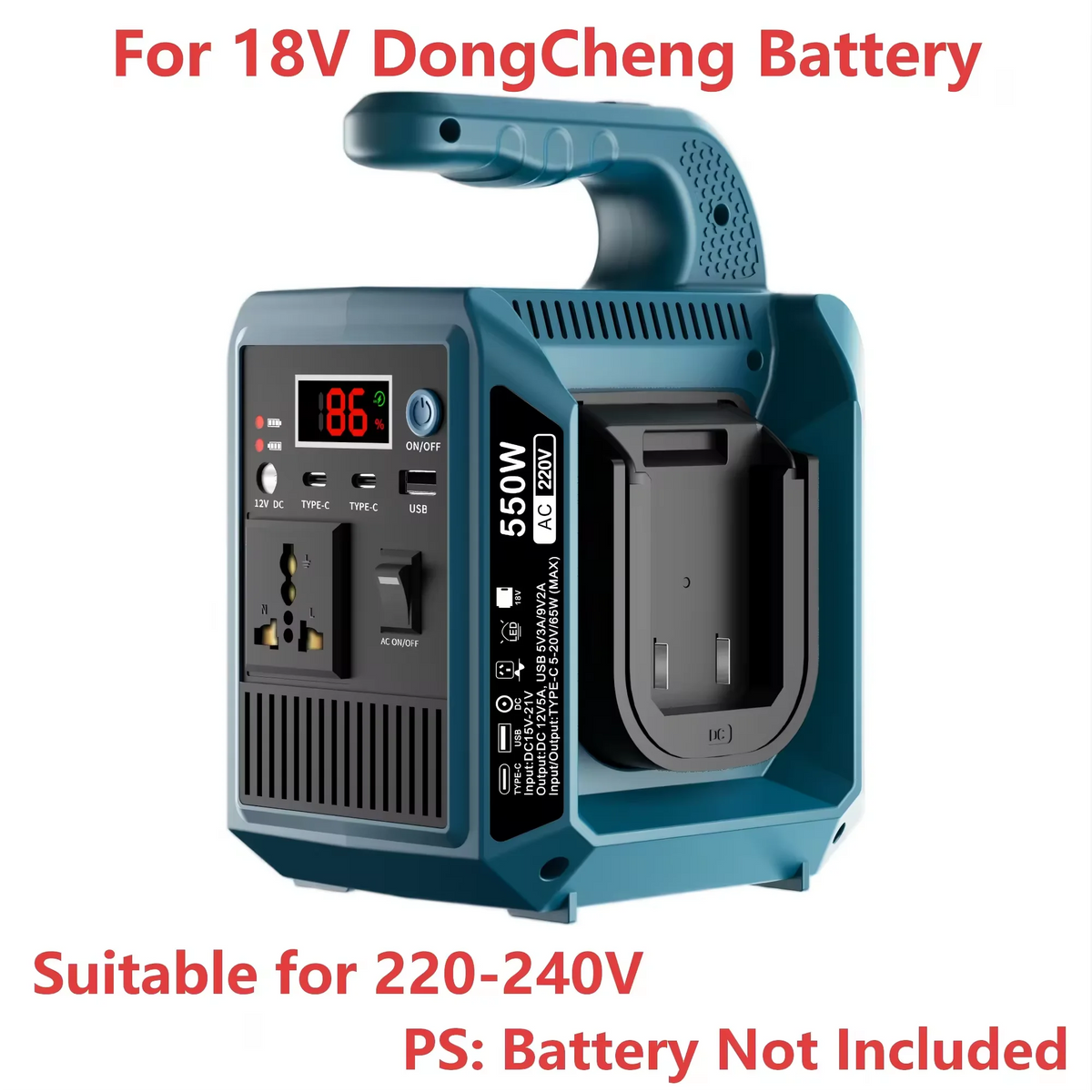 550W Portable Power Supply Inverter Compatible with Makita 18V Battery DC 18V to AC 110V/220V Converter with Type-C for Camping