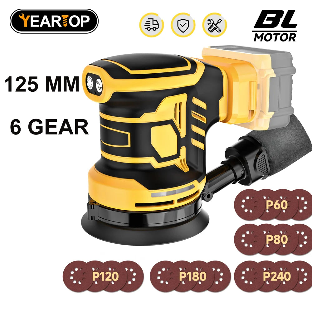 125MM 6 Gear Electric Orbital Sander Cordless Random Orbital Sander for Woodworking Putty Polishing Tool For Dewalt Battery