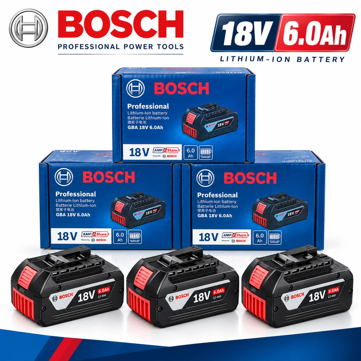 Bosch 18V 6.0Ah Lightweight Compact Genuine Battery for DIY Home Repair Fits BAT609G BAT610G GSR18V-LI Tools