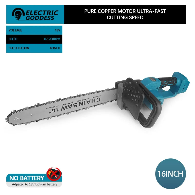 Electric Goddess 16inch Brushless Electric Chain Saw Handheld Wood Cutting Chain Saw Power Tool For Makita 18V Battery Pin