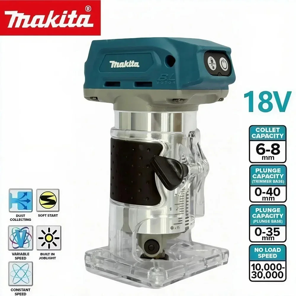 Makita DRT50 18V LXT Cordless Brushless Wood Trimmer With Standard Collet For Workshop Cabinet Hinge Recess Routing Work