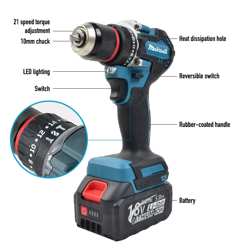 DDF487 Screwdriver Cordless Percussion Drill Electric Variable Speed Brushless Impact Power Tools Drill for makita18Vbattery pin